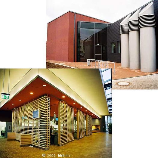 links unten: Essenausgabebereich mit hellen Holz- und Edelstahloberflächen; rechts oben: Ansicht von außen © 2005 bbl-mv