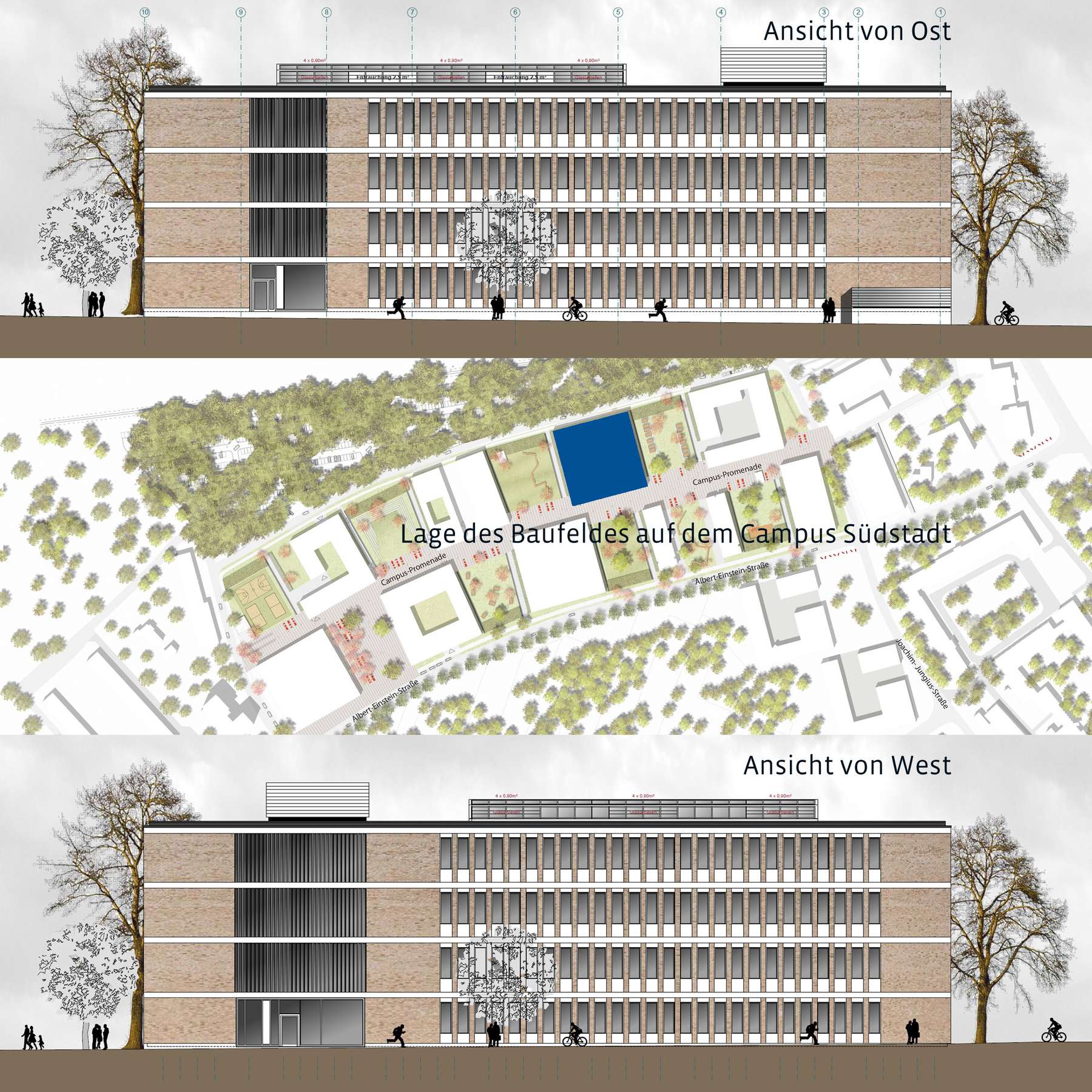 Blau markiert ist das Baufeld auf dem Campus, auf dem der Erweiterungsbau entstanden ist. © 2016 Betrieb für Bau und Liegenschaften Mecklenburg-Vorpommern
