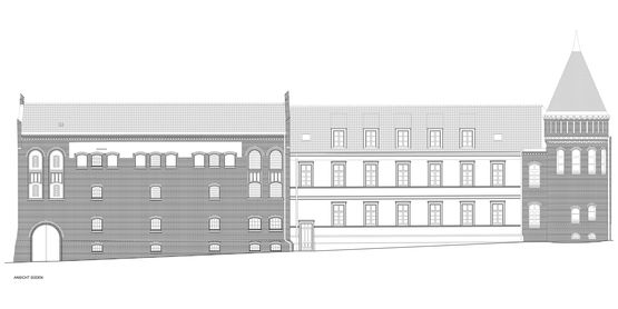 geplante Südansicht mit neuen Dachgauben v.l.n.r.: Hafthaus Altes Gebäude Hauptgebäude (mit Turm) © 2017 Albrecht und Planer / Baumanagement Ulrich BMU geplante Südansicht mit neuen Dachgauben v.l.n.r.: Hafthaus Altes Gebäude Hauptgebäude (mit Turm) © 2017 Albrecht und Planer / Baumanagement Ulrich BMU