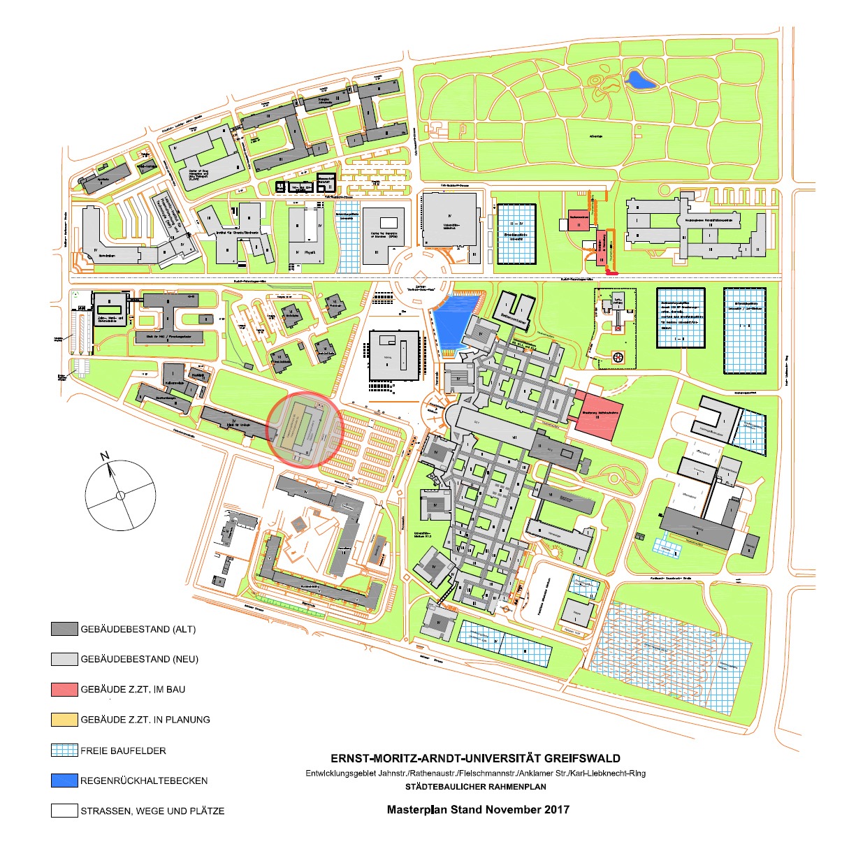Masterplan Gesamt-Campus mit Kennzeichnung des Baufeldes Forschungscluster IIIa © 2017 Betrieb für Bau und Liegenschaften Mecklenburg-Vorpommern