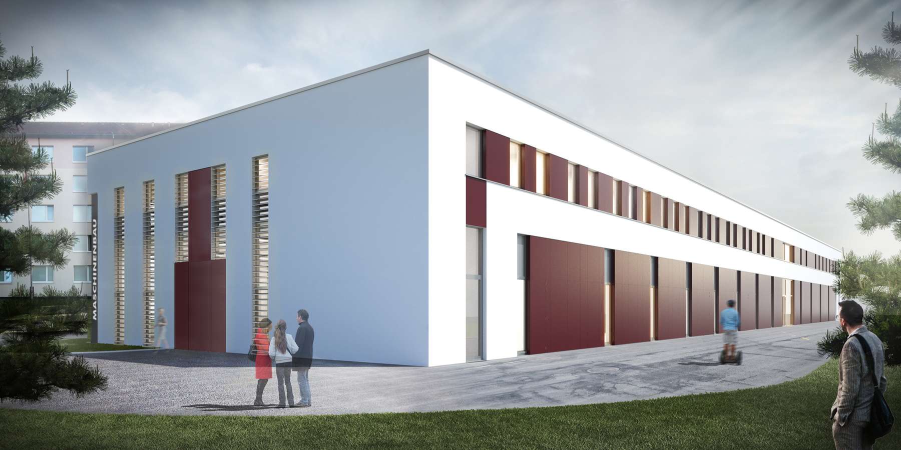 So soll die Forschungshalle (Bauteil II) später aussehen. Visualisierung mit Blick vom Campus-Areal. © Bastmann + Zavracky BDA Architekten GmbH, Rostock