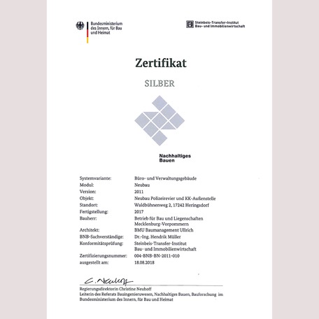 BNB Zertifikat Silber © 2018 Steinbeis-Transfer-Institut Bau- und Immobilienwirtschaft