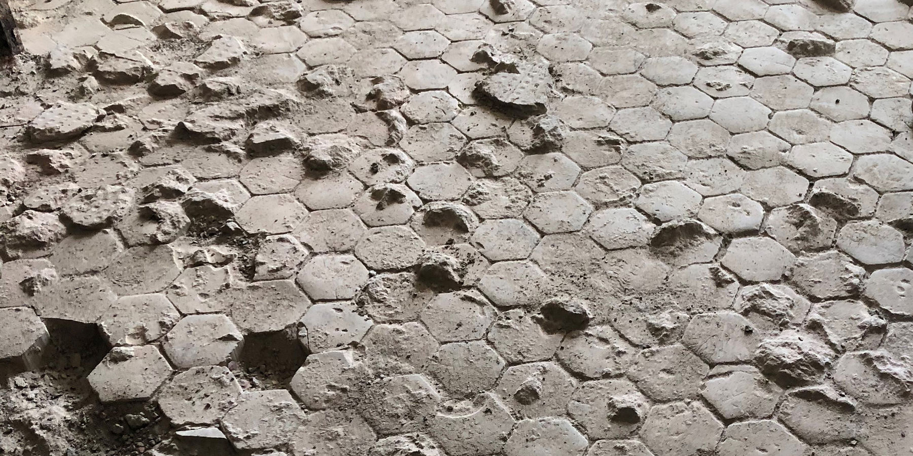 Beim Abbruch des vorhandenen Estrichs im Nordflügel wurde ein alter Fußboden aus Pflastersteinen entdeckt. © 2021 SBL Neubrandenburg