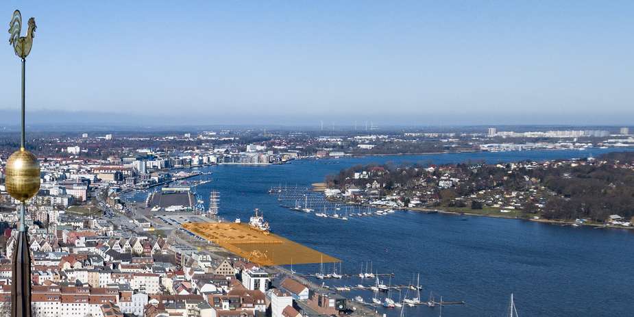 Ideen für einen Baukörper werden gesucht - im Bereich der orange markierten Fläche soll der Neubau entstehen  - die genaue Position ist in der Ausschreibung beschrieben. © 2018 Holger Martens, Rostock