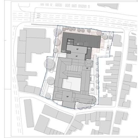 Lageplan der HMT auf dem innerstädtischen Quartier in der östlichen Altstadt Rostocks. Der Erweiterungsbau ist dunkelgrau abgesetzt. © 2021 SBL Rostock