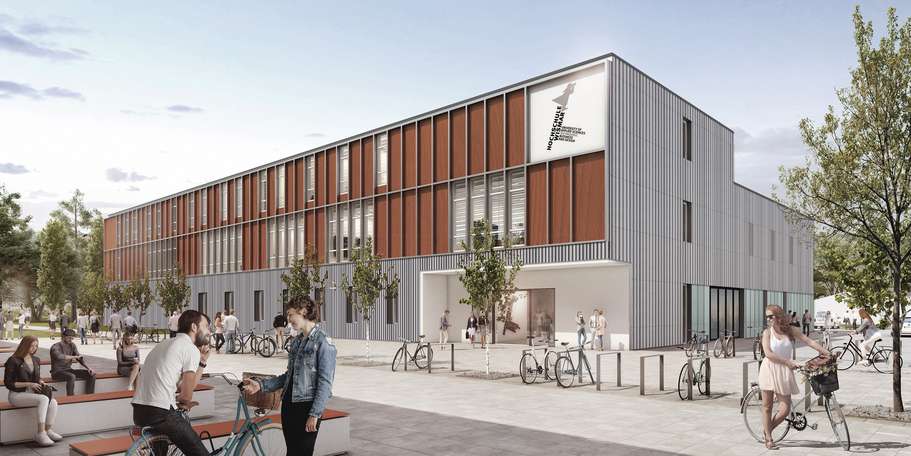 So soll der Neubau für die MVU auf dem Campus der Hochschule aussehen. Die Planungen wurden am 12. Juli 2021 in Wismar vorgestellt. © 2021 MHB ARCHITEKTEN + INGENIEURE GmbH