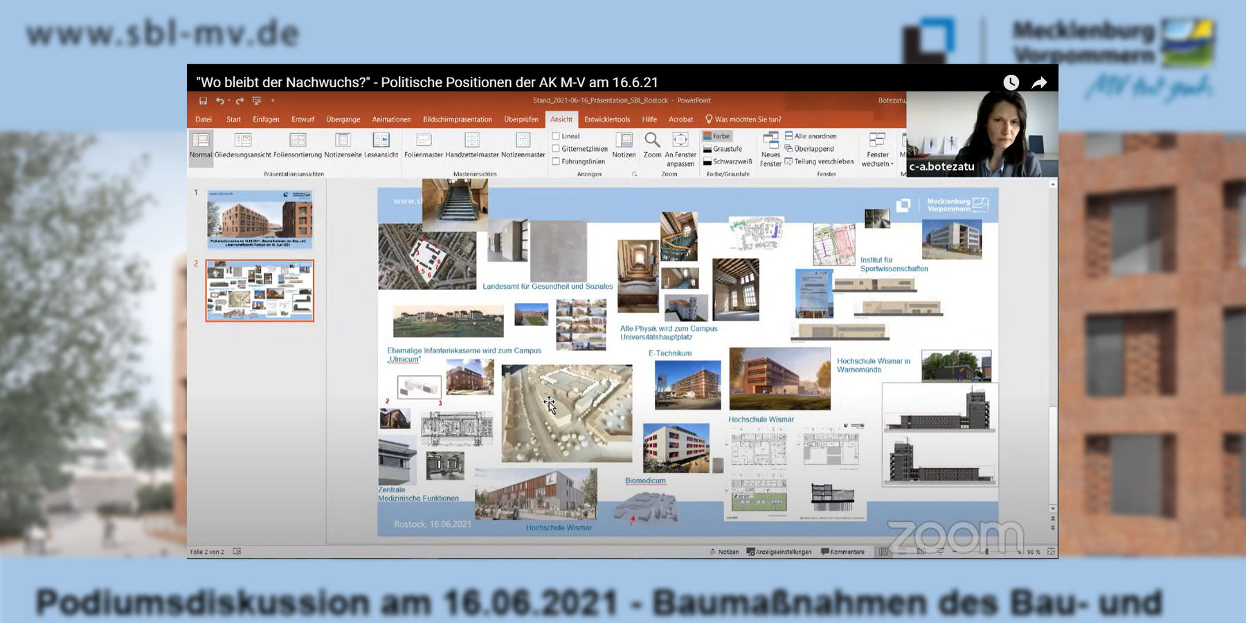 Screenshot der Präsentation, die Carmen-Alina Botezatu auf der Online-Diskussion der Architektenkammer M-V am 16. Juni 2021 nutzte. © 2021 Christian Hoffmann, FM M-V