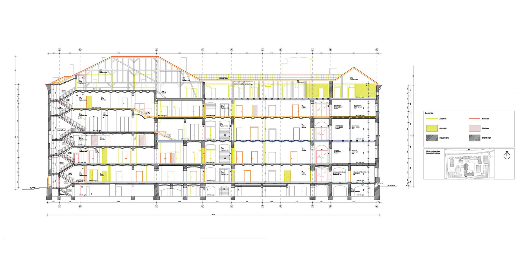 Planung - Gebäudeschnitt mit Kennzeichnung Abbruch und Neubau © 2015 KEBE + SCHOBERTH Dipl.-Ing. Arch. TU-SIA, Berlin