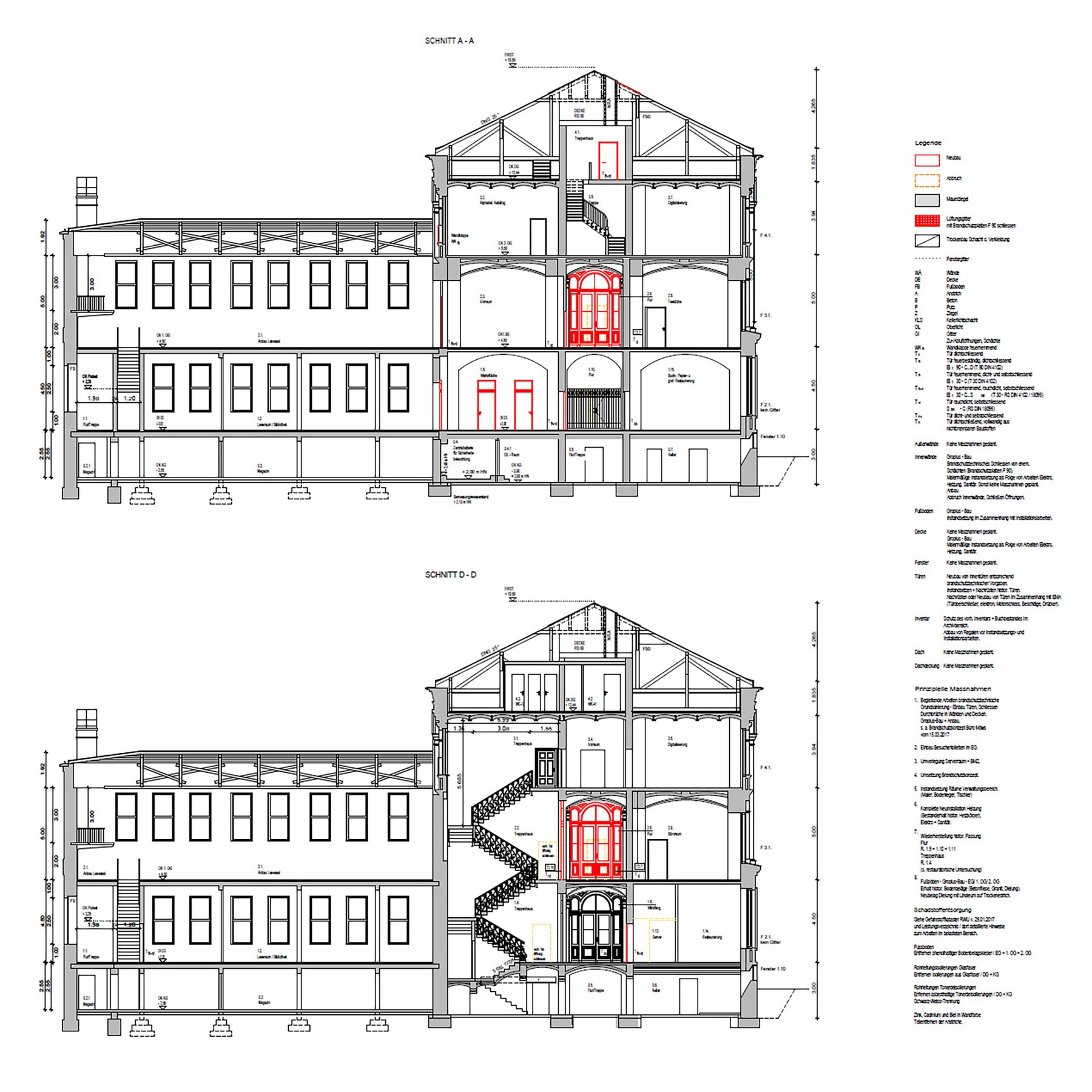 Querschnitt Bürobereich, Längsschnitt Lesesaalanbau - AFU-Planung von 2018 © 2018 Architekturbüro Fred Kurt Lesche