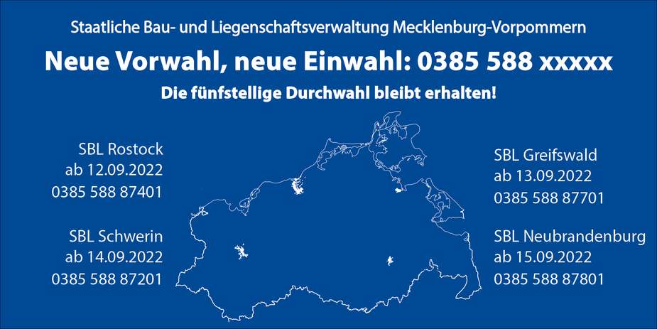 Landkarte Mecklenburg-Vorpommern mit Hinweisen zurt Umstellung der Telefonnummern. © 2022 Christian Hoffmann (Finanzministerium M-V / SBL-MV) Landkarte Mecklenburg-Vorpommern mit Hinweisen zurt Umstellung der Telefonnummern. © 2022 Christian Hoffmann (Finanzministerium M-V / SBL-MV)