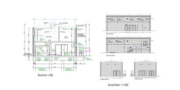 Schnitt und Ansichten des geplanten Ersatzneubaus (Ausführungsplanung von 2022) © 2022 GROTH Ingenieure, Bad Sülze
