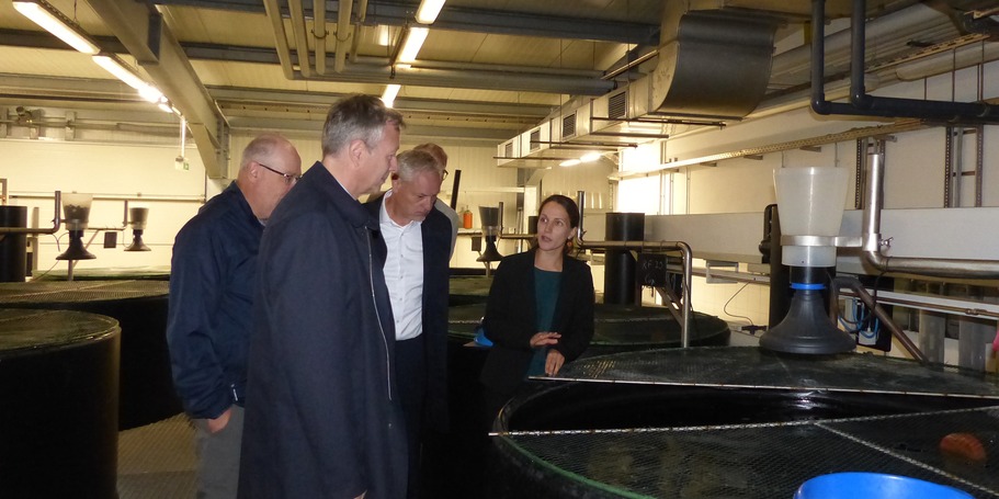 LFA Born - Institut für Fischerei: Besichtigung der Fischzuchthalle, Biologin Christin Höhne (rechts im Bild) erläutert die Aufzuchtbedingungen am konkreten Beispiel Zuchtstamm Baltischer Störe in einem der großen Innenbecken © 2023 SBL Greifswald