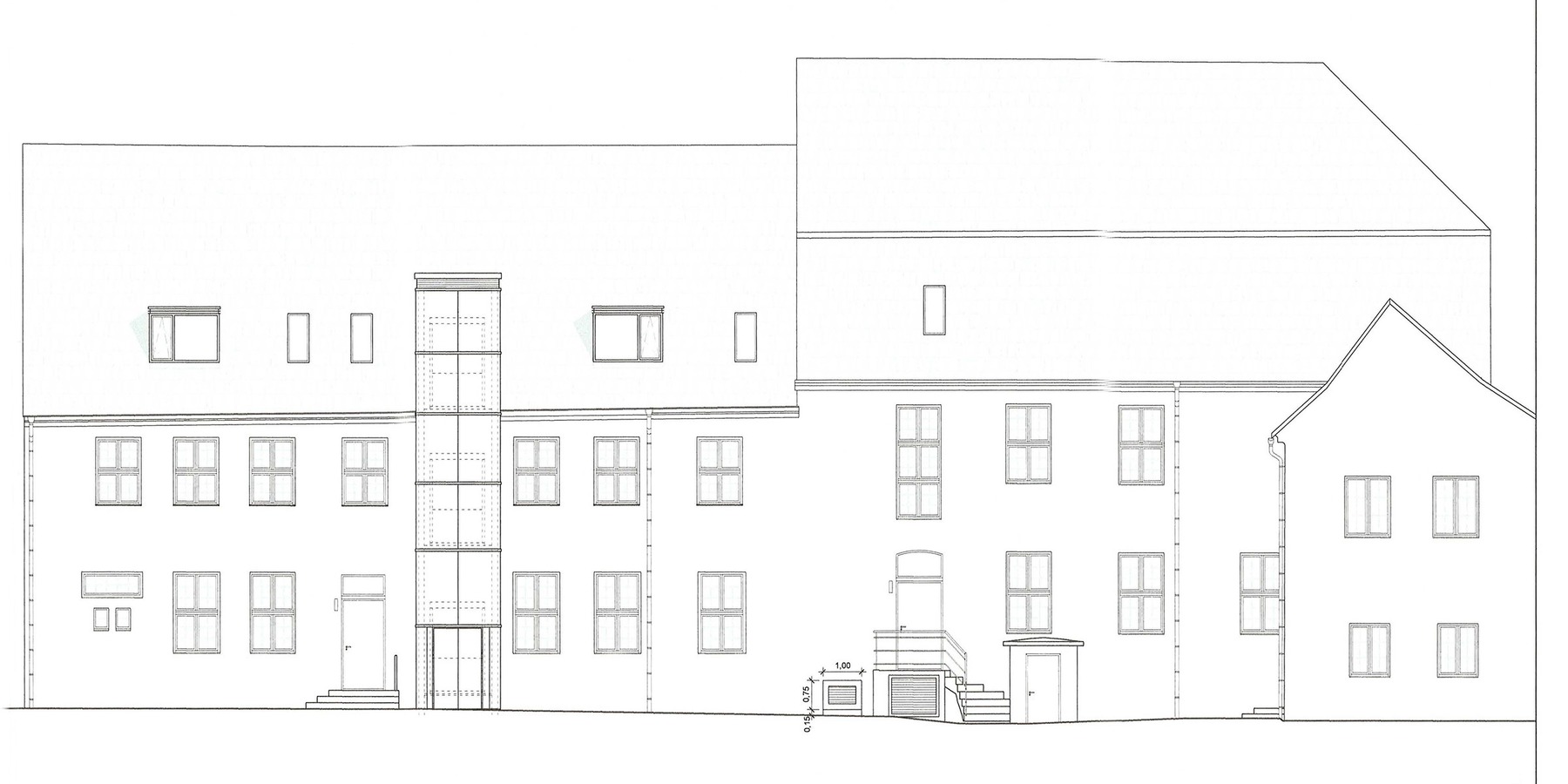 Südansicht - Hofseite: links die Domstraße 9, rechts die Domstraße 10 mit Seitenflügel © 2021 Kottke Architekten