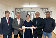 Das Projektteam des SBL Neubrandenburg v.l.n.r.: Eckhard Hintz, Projektleiter Niels Albrecht, Maria Schuhart, Leiter SBL NB Jens Rott und Rico Labudda. © 2025 Finanzministerium M-V