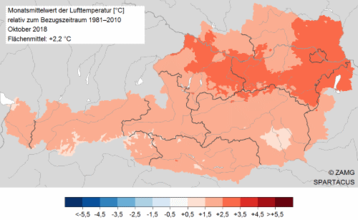 Temperatur Oktober 2018: Abweichung der Temperatur vom Mittel 1981-2010. Auswertung mit SPARTACUS-Daten bis inkl. 30.10.2018. .png