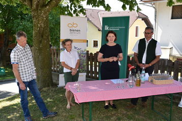 IM Karl Neubauer, Erwerbsimkerin und Fachbeiräting des Bienenzentrums OÖ Ingrid Schmaranzer, Agrarlandesrätin Michaela Langer-Weninger, Ladnwirtschaftskammerpräsident OÖ Mag. Franz Waldenberger (v.l.n.r.) berichten über die Honigernte 2022..jpg