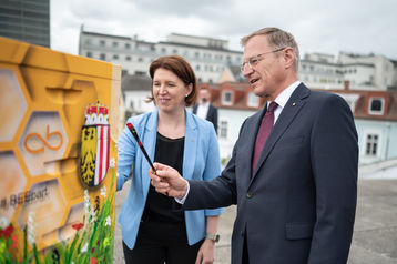 Langer-Weninger und Stelzer bemalen einen Bienenstock.jpg Langer-Weninger und Stelzer bemalen einen Bienenstock.jpg