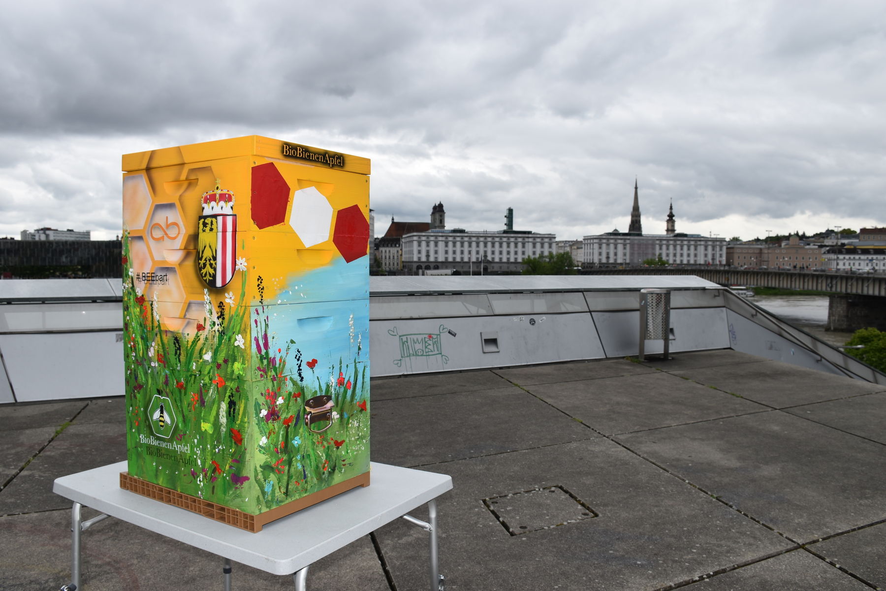 Bemalter Bienenstock auf dem AEC.jpg Bemalter Bienenstock auf dem AEC.jpg