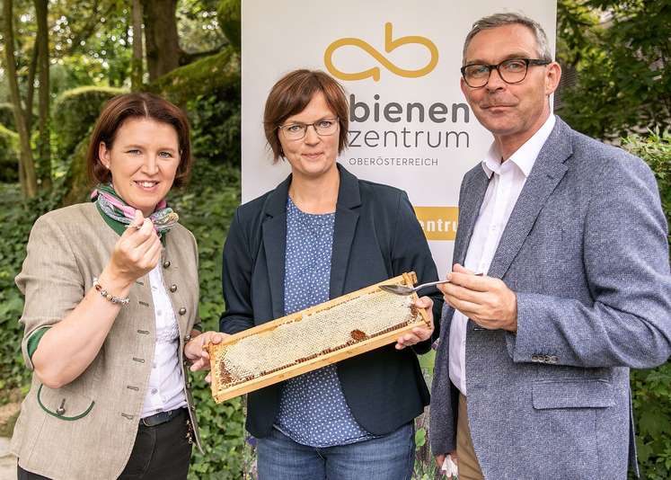 Agrar-Landesrätin Michaela Langer-Weninger, Leiterin Bienenzentrum OÖ Elisabeth Lanzer, LK OÖ-Präsident Franz Waldenberger.jpg