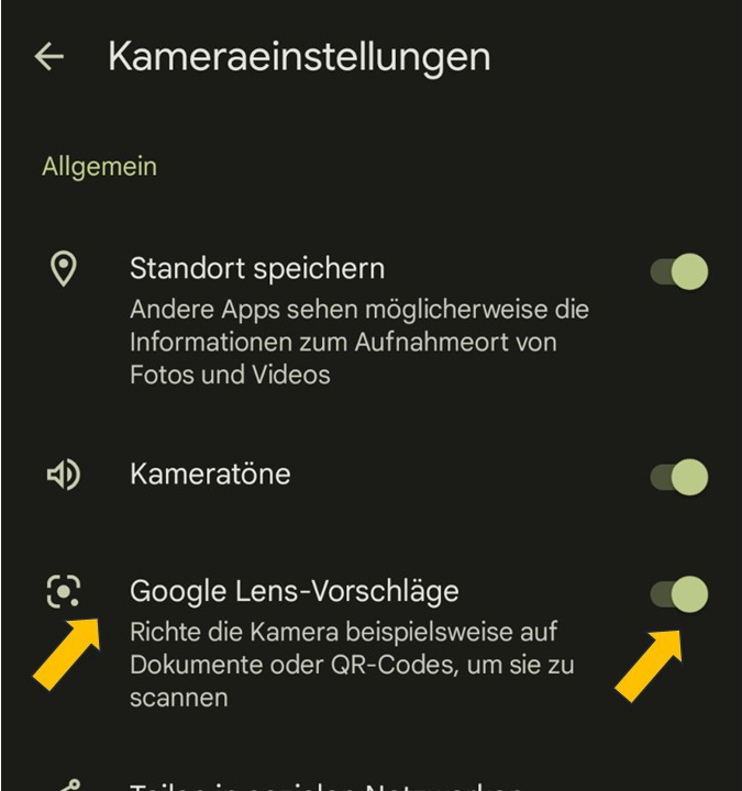 Aktivierung von QR-Code scannen bei Kamera-Einstellungen Aktivierung von QR-Code scannen bei Kamera-Einstellungen