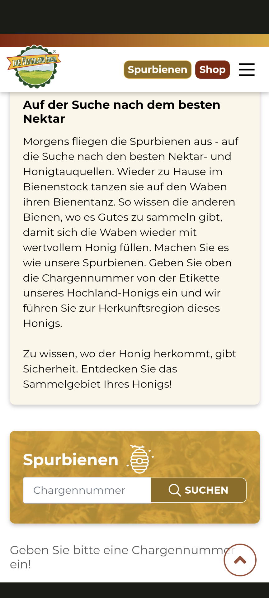 Eingabe der Chargennummer auf spurbienen.at - Smartphone Eingabe der Chargennummer auf spurbienen.at - Smartphone
