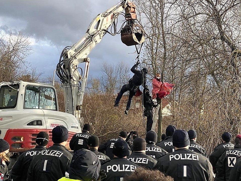 © AL / Aktivist auf einem Baum und Bagger