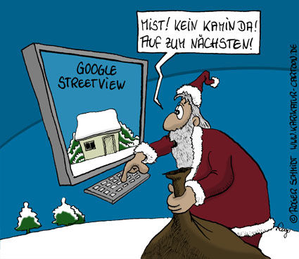 © www.karikatur–cartoon.de/Roger Schmidt– wie der Weihnachtsmann in Zukunft bei Passiväusern wohl einen Kamin finden soll ;–))