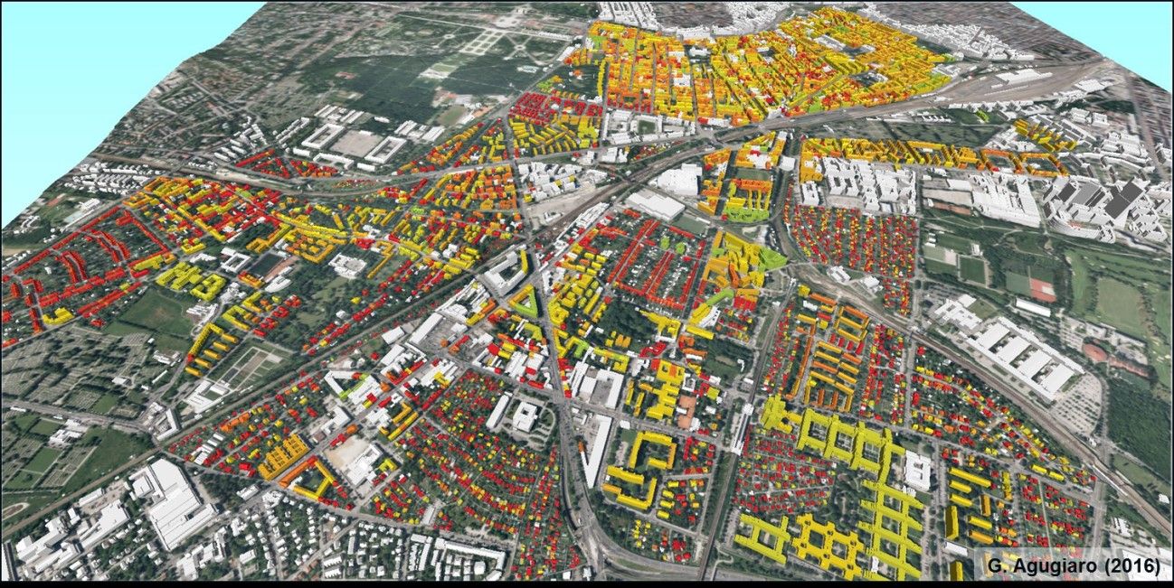 © AIT/ 3D–Visualisierung des berechneten jährlichen flächenspezifischen (Gesamtprimär)energiebedarfs für alle Wohngebäude in Meidling. Die Farben entsprechen den vorgesehenen Energie–Klassen.