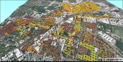 © AIT/ 3D–Visualisierung des berechneten jährlichen flächenspezifischen (Gesamtprimär)energiebedarfs für alle Wohngebäude in Meidling. Die Farben entsprechen den vorgesehenen Energie–Klassen. © AIT/ 3D–Visualisierung des berechneten jährlichen flächenspezifischen (Gesamtprimär)energiebedarfs für alle Wohngebäude in Meidling. Die Farben entsprechen den vorgesehenen Energie–Klassen.