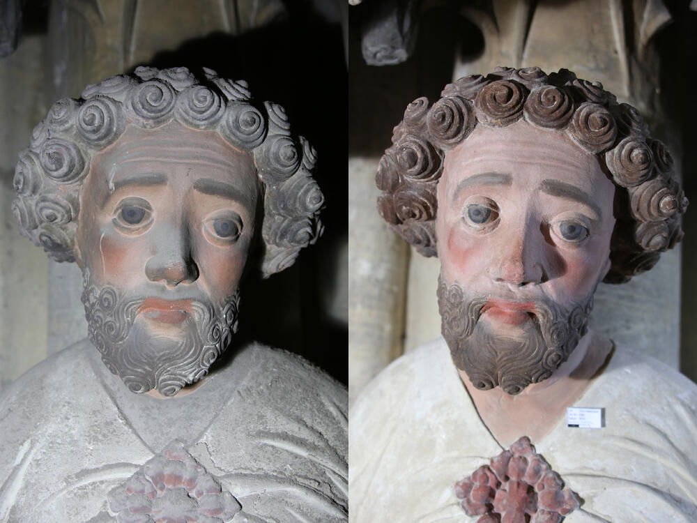 © DBU/ Die Chorskulptur des Apostels Bartholomäus im Halberstädter Dom vor (l.) und nach der Restaurierung mit neuen restauratorischen Methoden