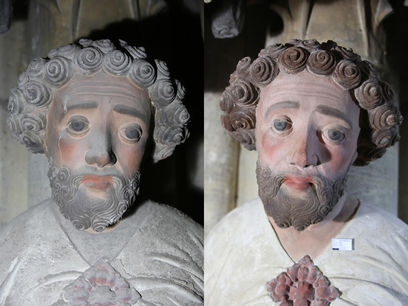 © DBU/ Die Chorskulptur des Apostels Bartholomäus im Halberstädter Dom vor (l.) und nach der Restaurierung mit neuen restauratorischen Methoden © DBU/ Die Chorskulptur des Apostels Bartholomäus im Halberstädter Dom vor (l.) und nach der Restaurierung mit neuen restauratorischen Methoden