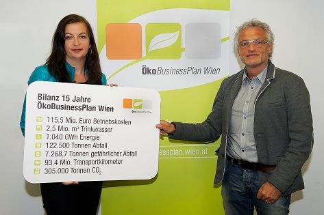 © ÖkoBusinessPlan Wien/Frank Helmrich – Umweltstadträtin Ulli Sima mit Thomas Hruschka, Programmmanagement ÖkoBusinessPlan Wien