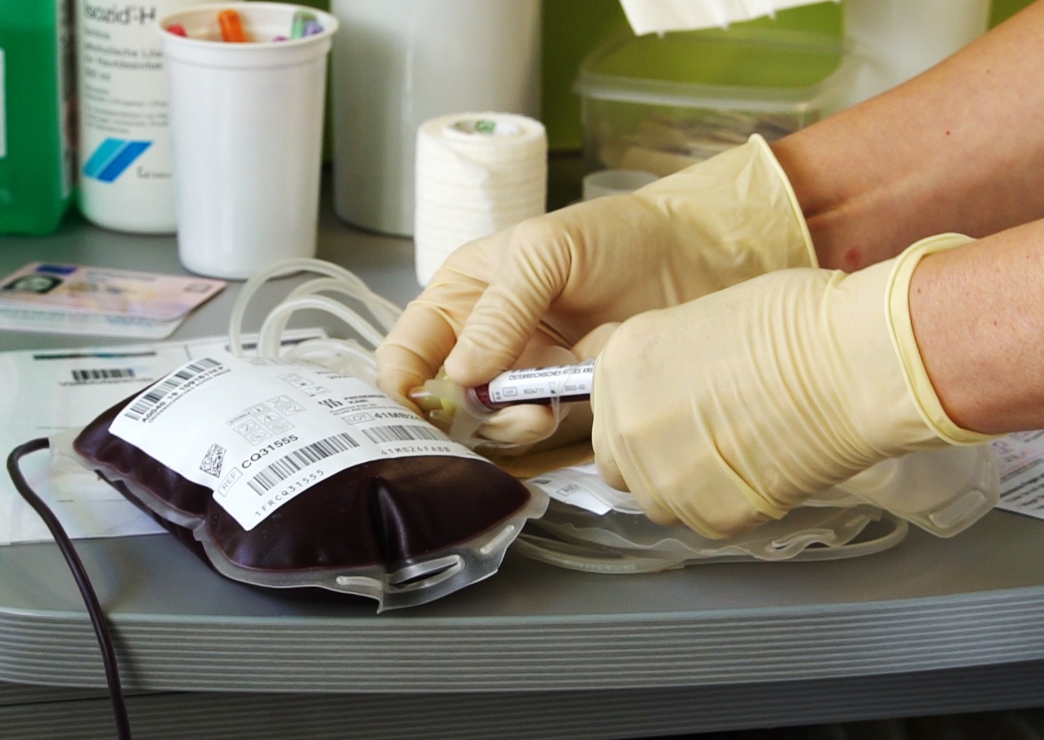 Blutkonserve wird für die Weiterverarbeitung vorbereitet.
